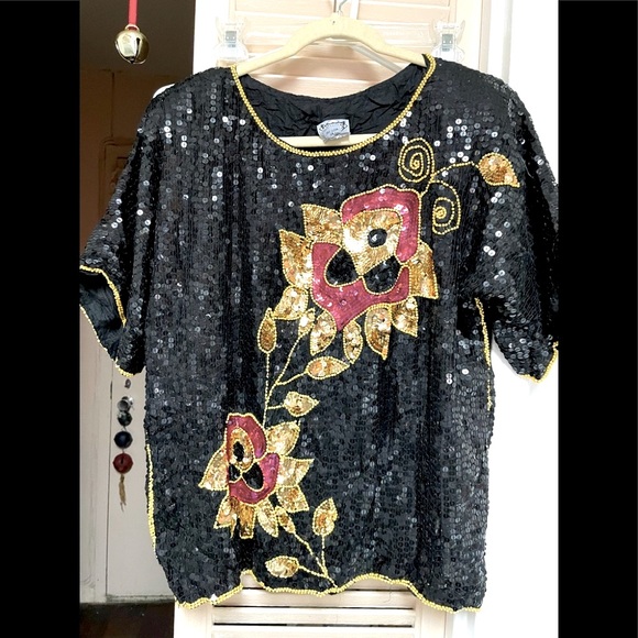 BIG SALE 😍SEQUIN TOP FLOWER DESIGN FOR STYLISH LOOK PULLOVER SHORT SLEEVES - Picture 1 of 9